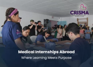 Medical student observing a doctor with patients in a clinic abroad