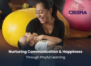Child in speech therapy session smiling with therapist in a colorful room