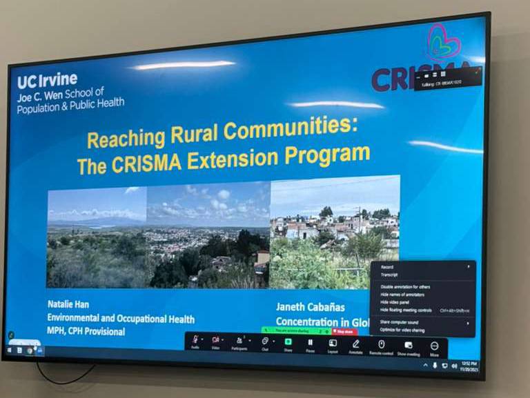Presentation slide from UCI: "Reaching Rural Communities: The CRISMA Extension Program" featuring students Natalie Han and Janeth Cabañas.