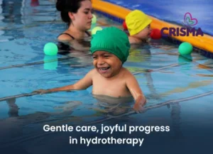 Child happily participating in a hydrotherapy session with therapist support