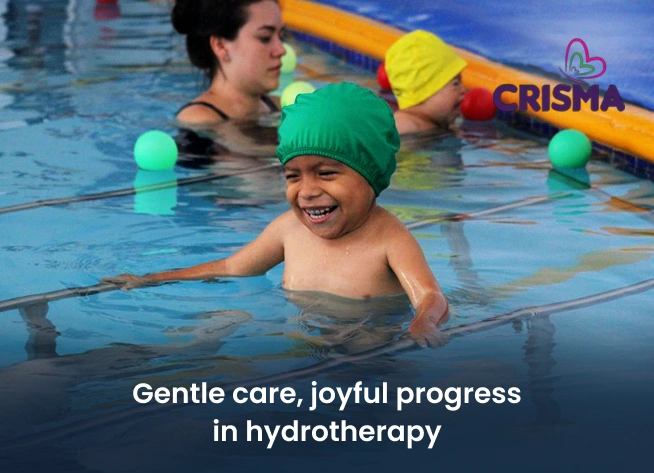 Child happily participating in a hydrotherapy session with therapist support