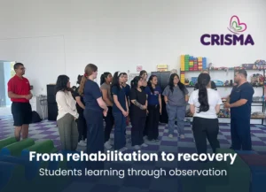 Medical shadowing and volunteering students observing rehabilitation therapy sessions at CRISMA
